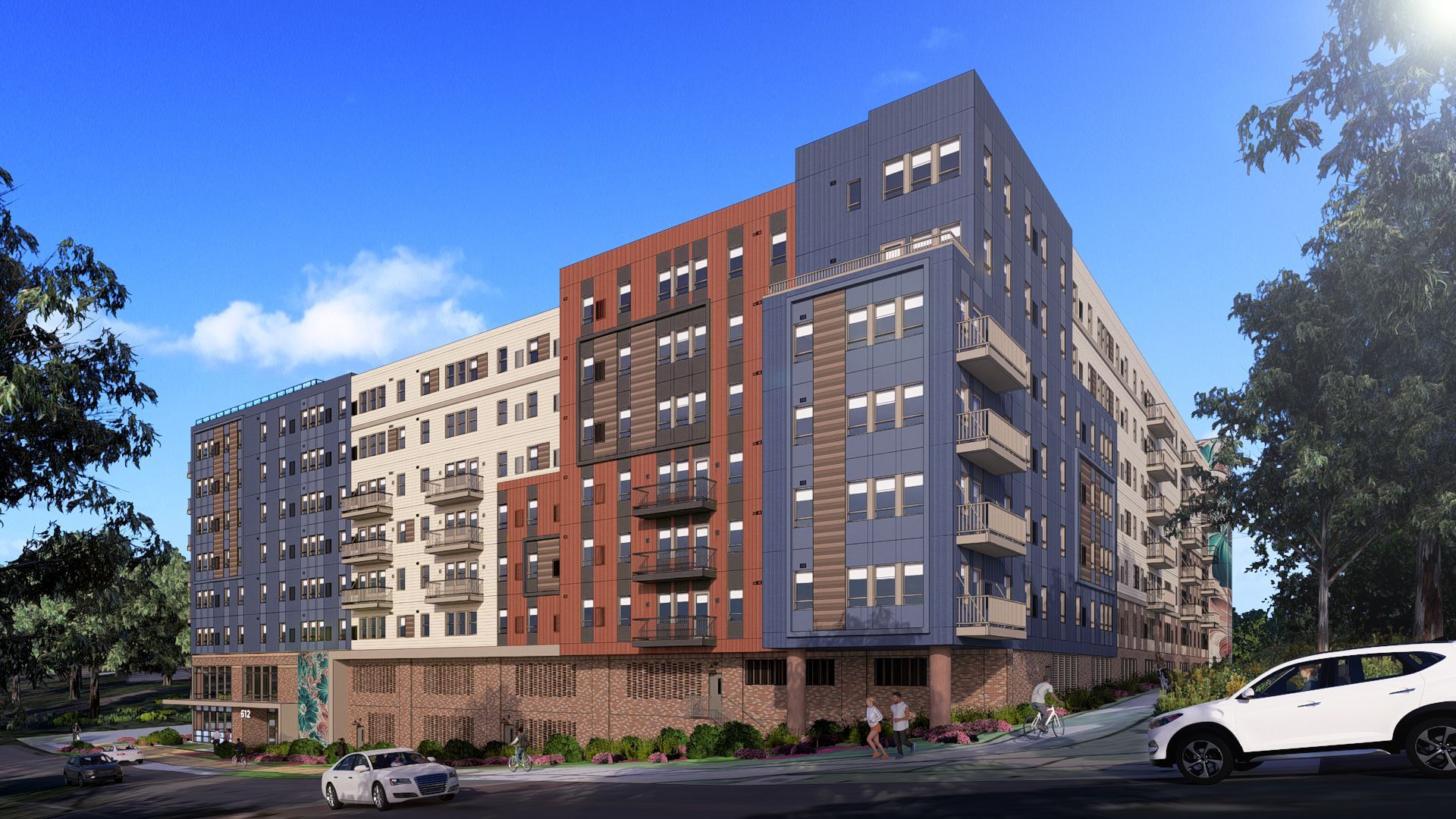 An artist 's impression of a large apartment building with a car parked in front of it.