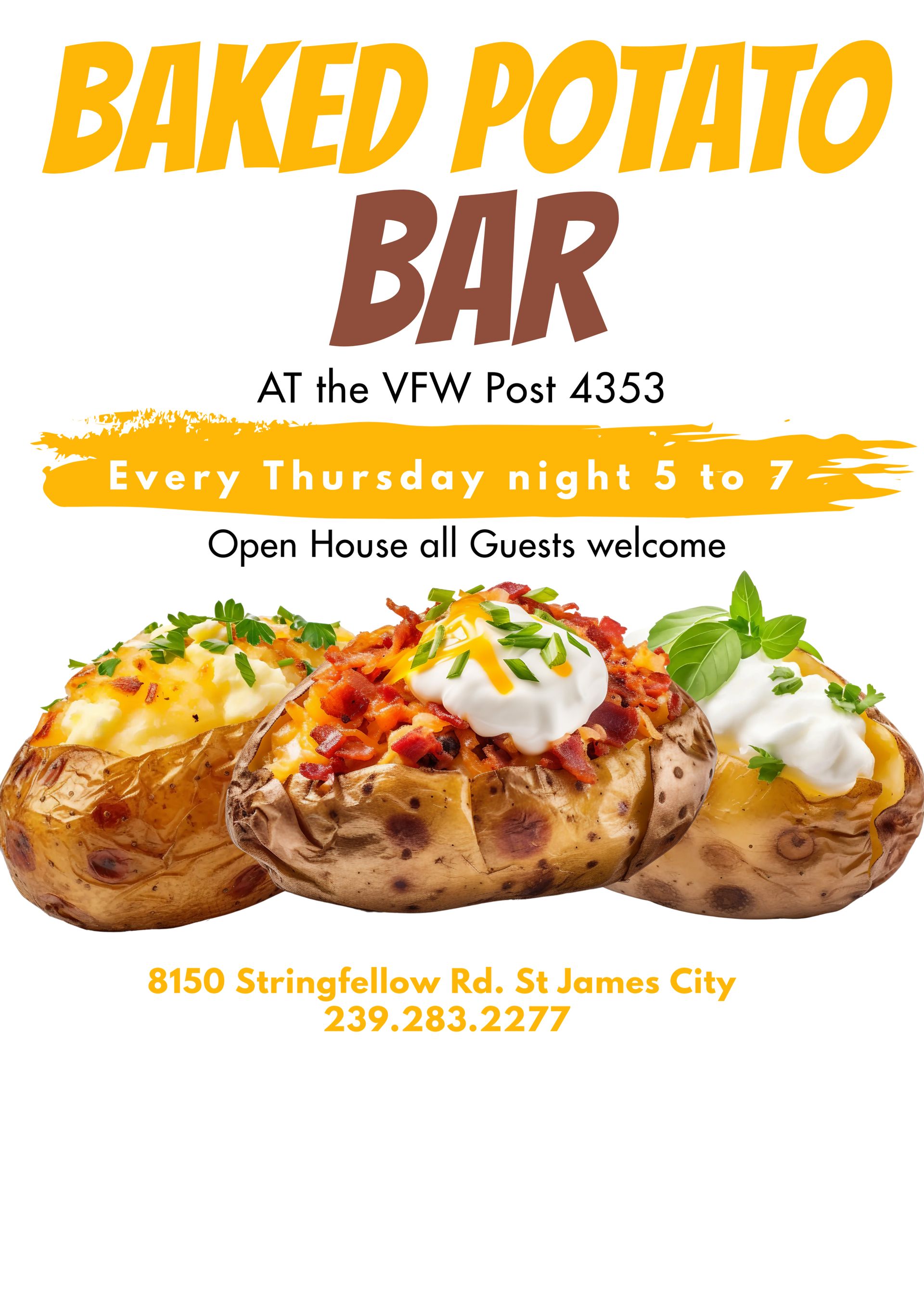 A baked potato bar is open every thursday night 5 to 7