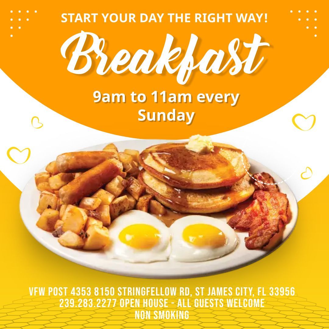 An advertisement for a restaurant that says breakfast 9am to 11am every sunday