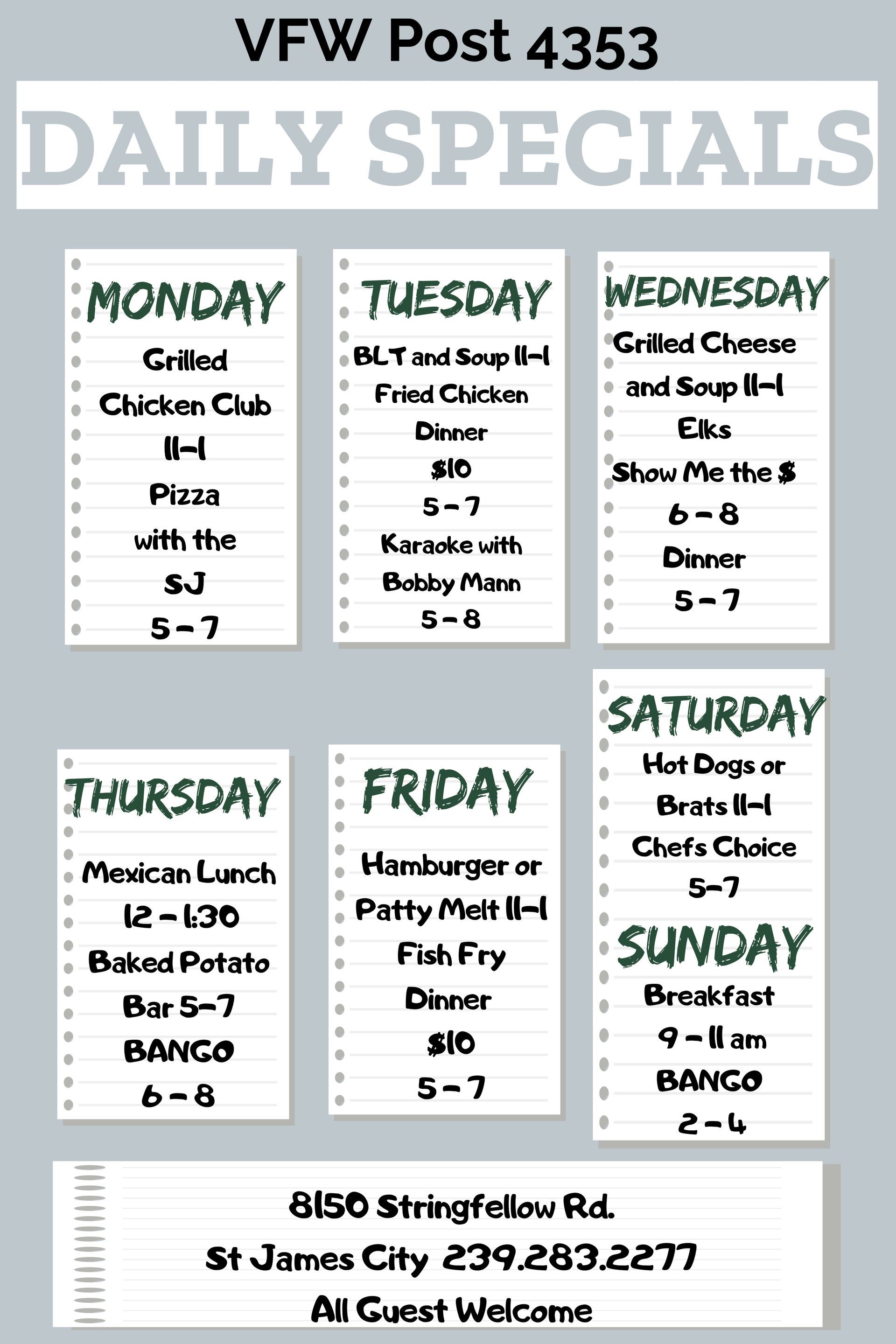 A menu for a restaurant shows the daily specials for the week.