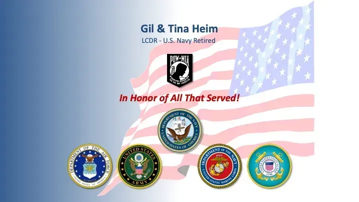 A poster for gil and tina heim with a flag in the background