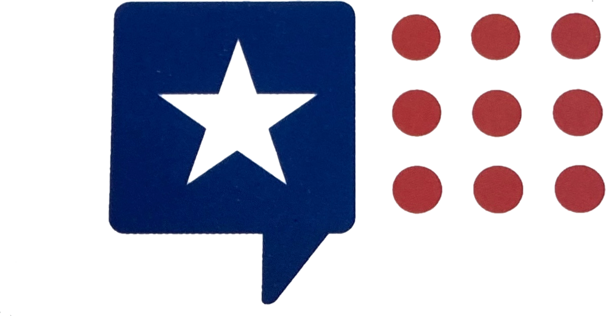 A speech bubble with a star and red dots on it