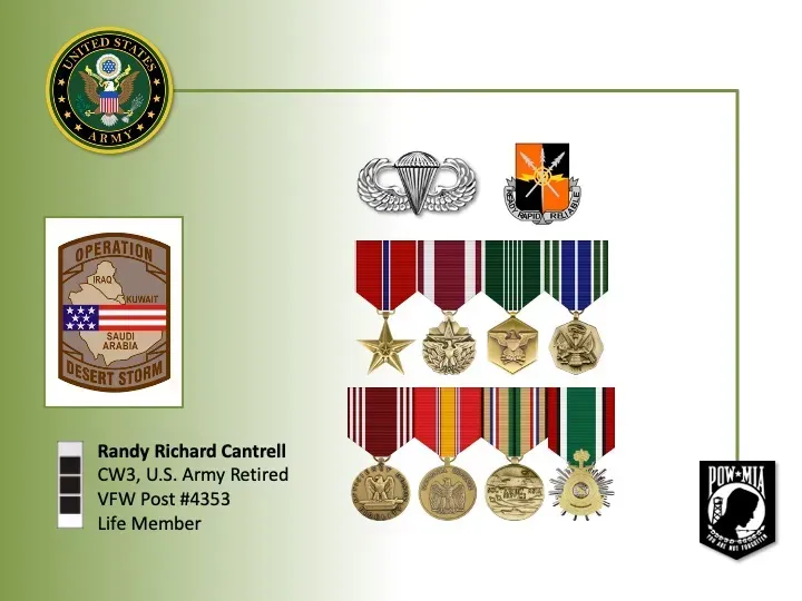 A picture of randy richard cantrell 's medals and badges