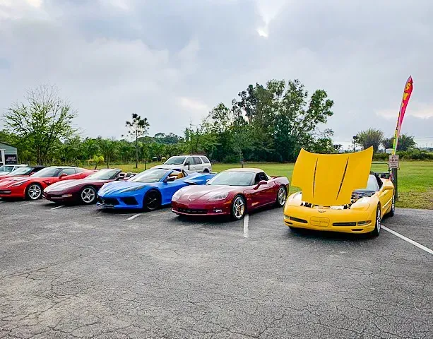 A row of corvettes are parked in a parking lot.