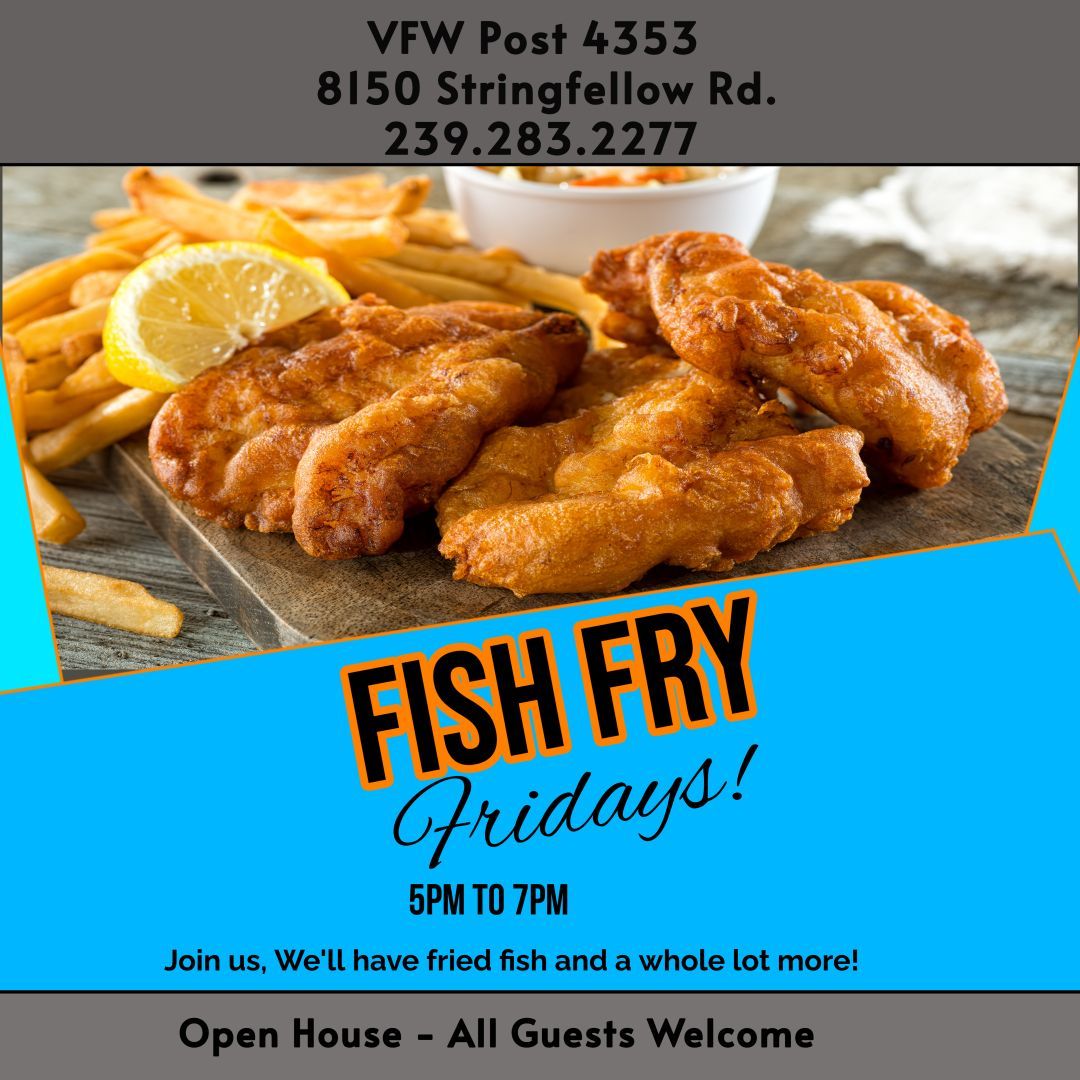 An advertisement for fish fry fridays with a picture of fish and french fries