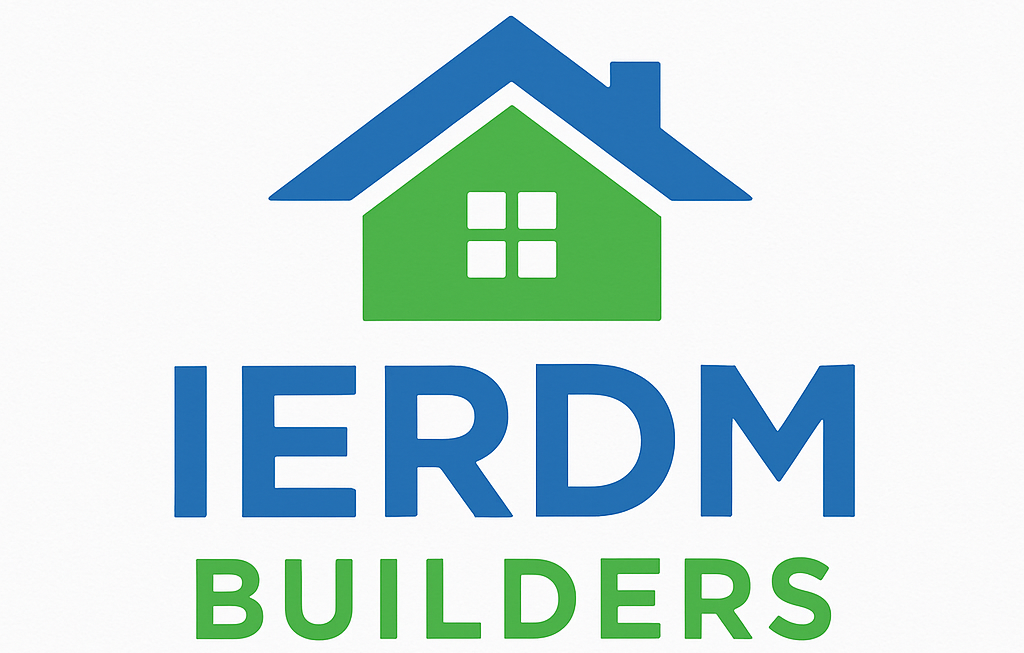 Logo for IERDM Builders. Blue house silhouette over green house with white window. Dark blue text “IERDM” over green “BUILDERS.”