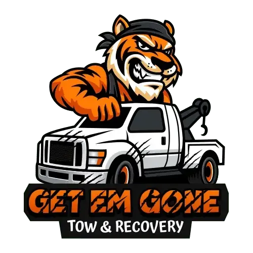 Tiger wearing a bandana over a white tow truck, with "Get Em Gone" text.