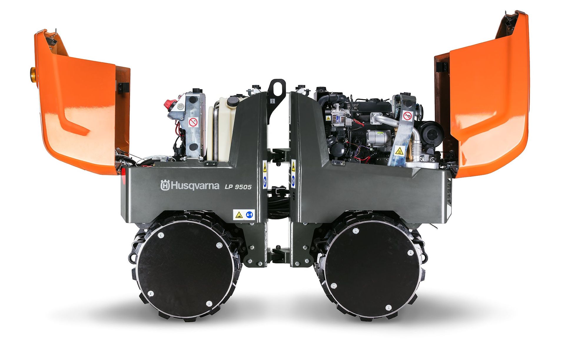 Husqvarna robot. Dark gray with orange panels, large wheels, mechanical components visible, open panels — Forecast Machinery in Yarrawonga, NT