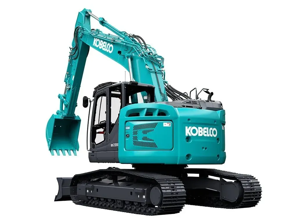A teal Kobelco excavator with a front blade and a bucket, shown against a plain white background  — Forecast Machinery in Yarrawonga, NT