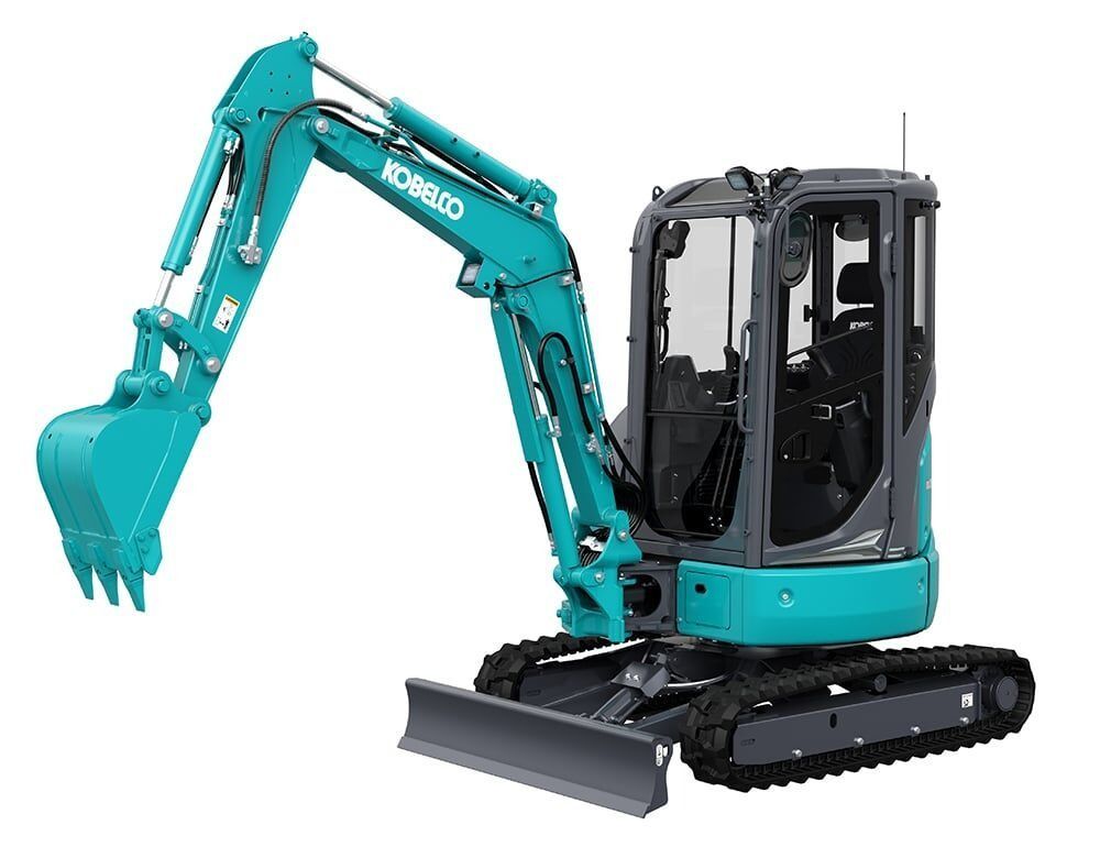 Teal Kobelco Excavator with Black Tracks and A Front Blade — Forecast Machinery in Yarrawonga, NT
