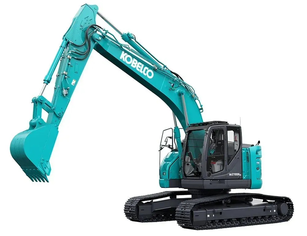 Teal Kobelco Excavator with Raised Arm and Bucket on Treads — Forecast Machinery in Yarrawonga, NT