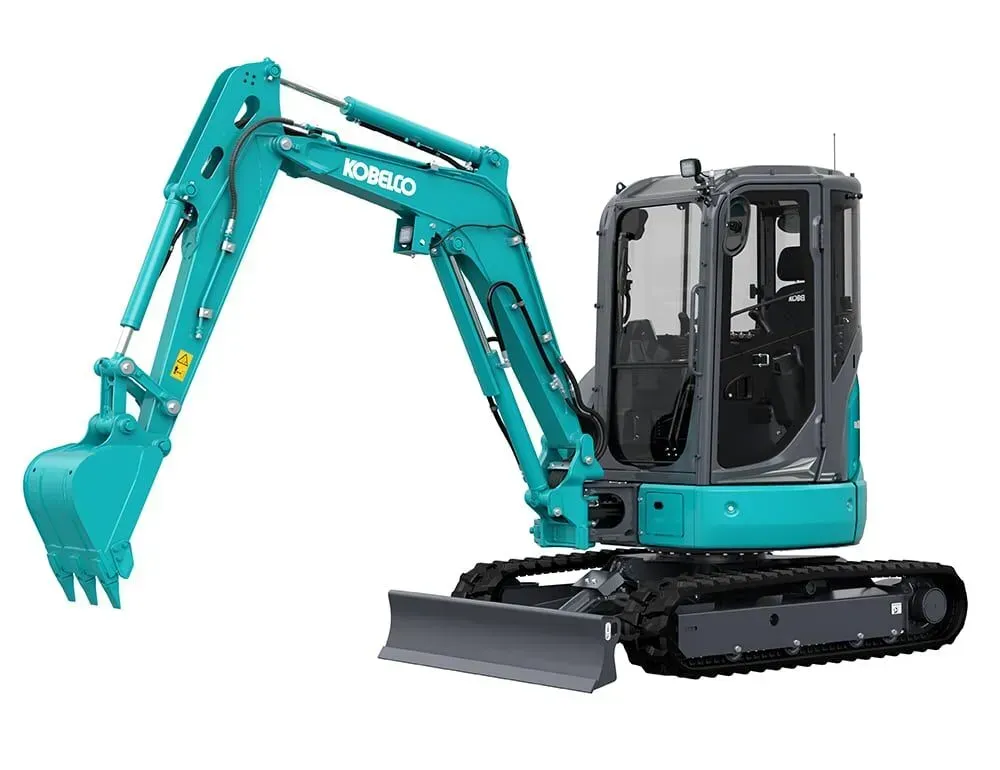 A teal Kobelco compact excavator with a front blade and black tracks, set against a plain white background — Forecast Machinery in Yarrawonga, NT