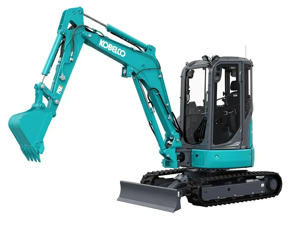 A teal-colored Kobelco mini excavator with a front blade, side cab, and hydraulic arm against a white background — Forecast Machinery in Yarrawonga, NT