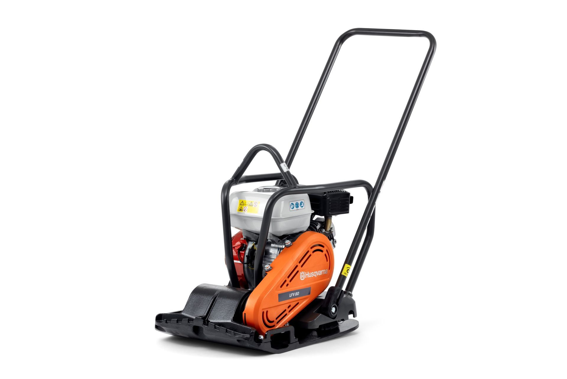 Orange and black plate compactor with a black handle, used for compacting soil 