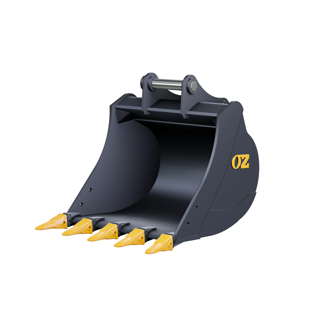 Excavator bucket with teeth; gray metal, yellow tips, against a white background — Forecast Machinery in Yarrawonga, NT