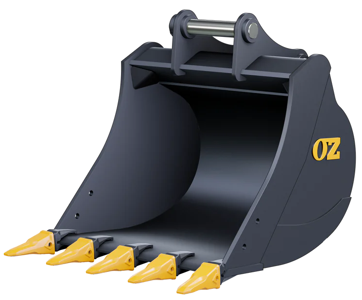 Dark gray excavator bucket with yellow teeth, sitting against a white background — Forecast Machinery in Yarrawonga, NT