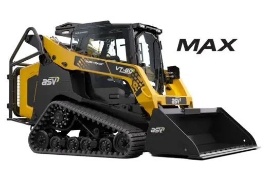 A yellow and black ASV VT-70 MAX compact track loader with a bucket attachment, set against a plain white background — Forecast Machinery in Yarrawonga, NT