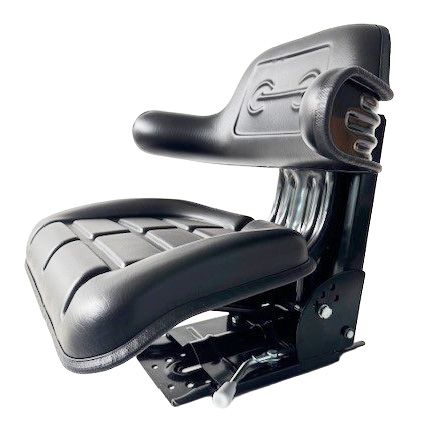 A black tractor seat with a molded backrest, armrests, and a metal mounting base on a white background  — Forecast Machinery in Yarrawonga, NT