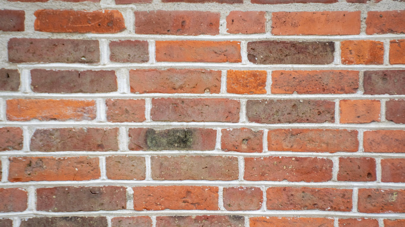 Brick wall with red and brown bricks and white mortar.