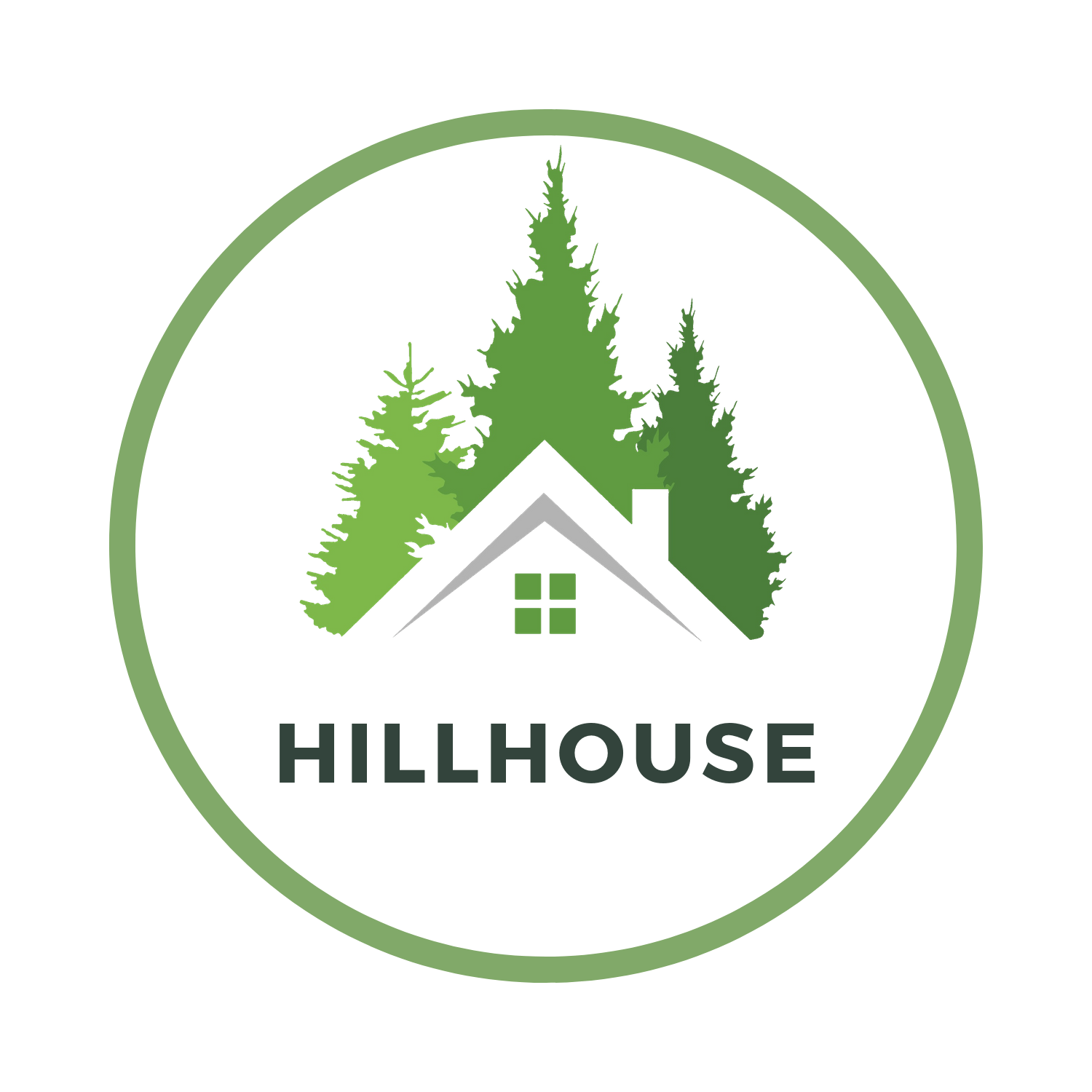 Een logo voor hillhouse met een huis en bomen in een cirkel.