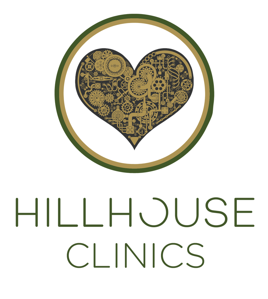 Een logo voor hillhouse clinics met een hart van tandwielen