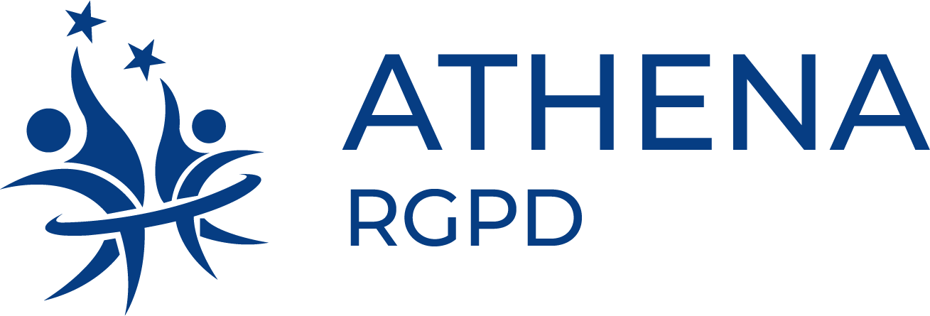 Logo d'ATHENA RGP avec des figures abstraites et des étoiles bleues.
