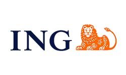 Logo ING : texte bleu foncé, mascotte lion orange.