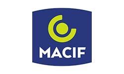Logo MACIF : Un « C » jaune et un point au-dessus du mot « MACIF » sur fond bleu.
