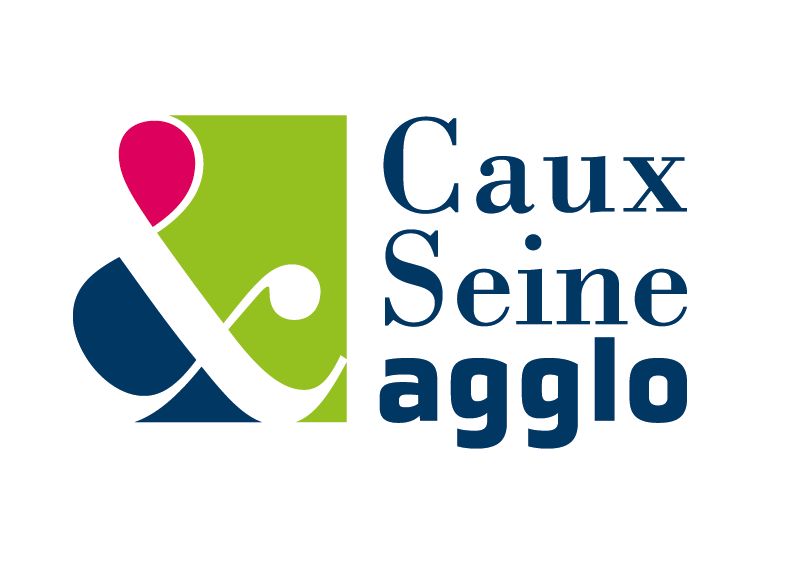 Logo Caux Seine agglo : Une esperluette à côté du texte, avec un carré vert et bleu et une forme arrondie rose.