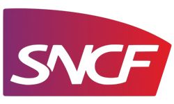 Logo SNCF : texte « SNCF » blanc sur fond dégradé violet-rouge.