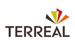 Logo TERREAL : texte marron et forme abstraite colorée.