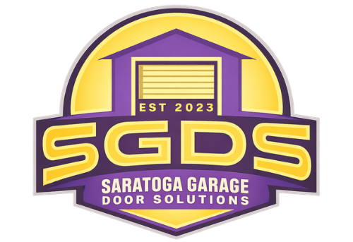 Logo for Saratoga Garage Door Solutions: Purple garage icon with yellow outline; SGDS initials, EST 2023.