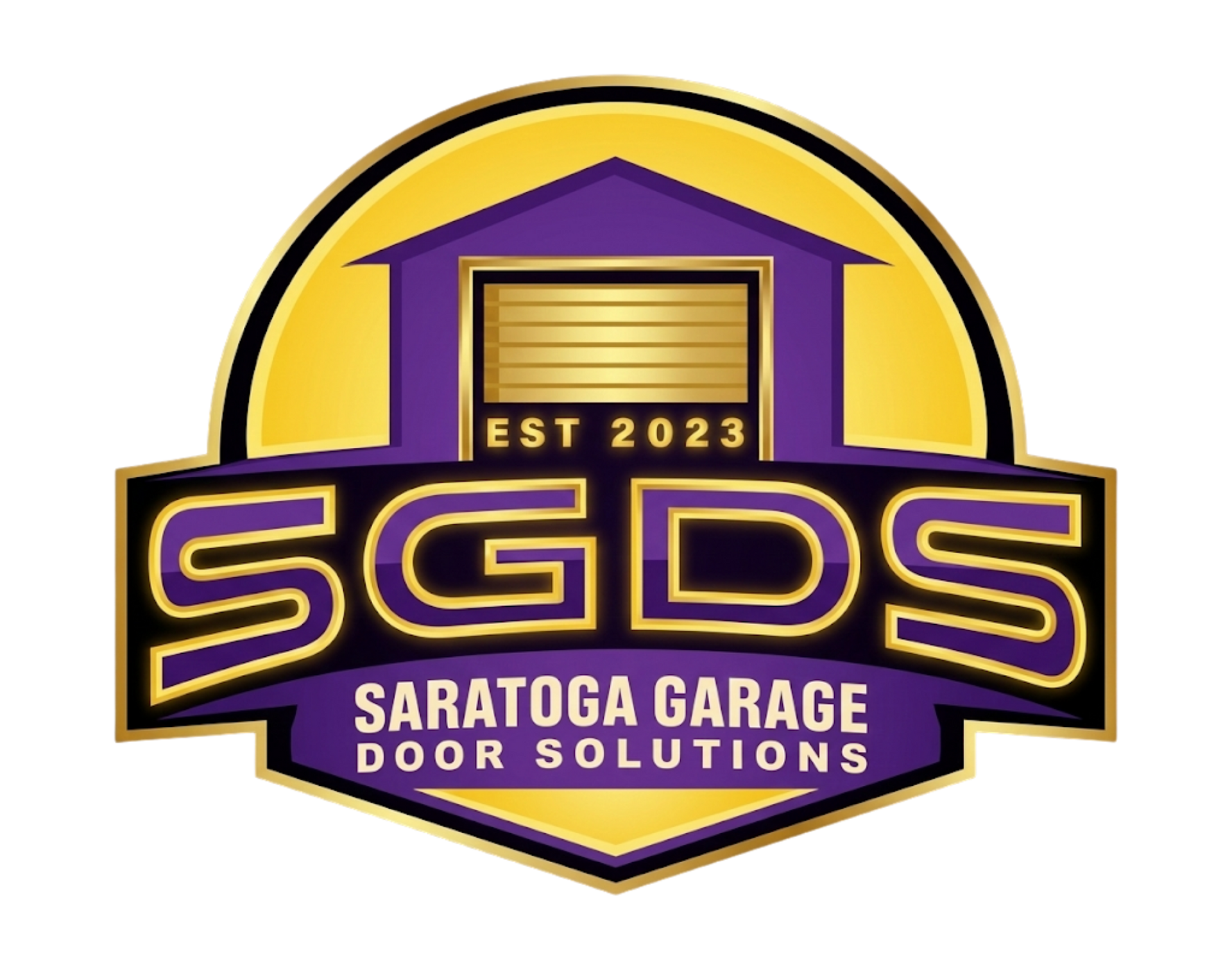 Logo for Saratoga Garage Door Solutions: Purple and gold garage door icon with SGDS text, 