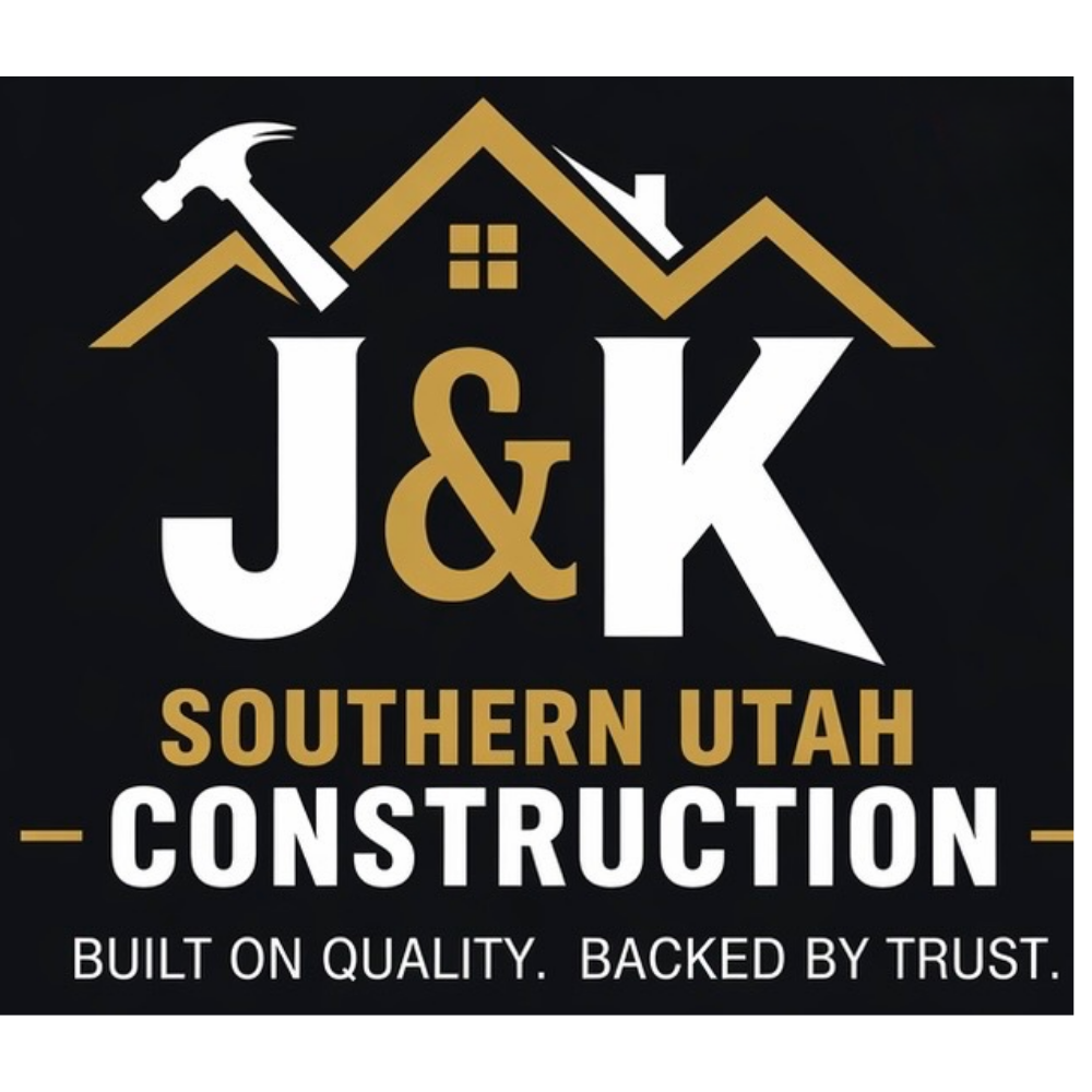 Logo for Vanguard Construction: Yellow house outline with tools, blue and yellow color scheme.