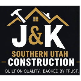 Logo for Vanguard Construction: Yellow house outline with tools, blue and yellow color scheme.