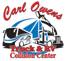 Carl Owens Truck & RV Collision Center logo featuring a bus and truck under a spray gun, with a red and blue color scheme.