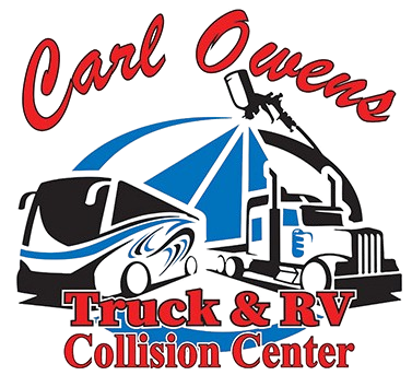 Carl Owens Truck & RV Collision Center logo featuring a bus and truck under a spray gun, with a red and blue color scheme.