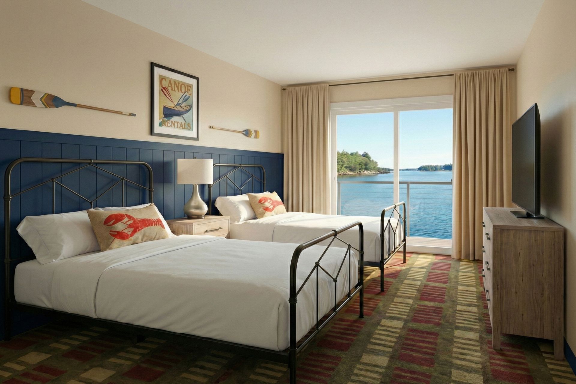 A hotel room with two twin beds, blue headboards, and a waterfront view.