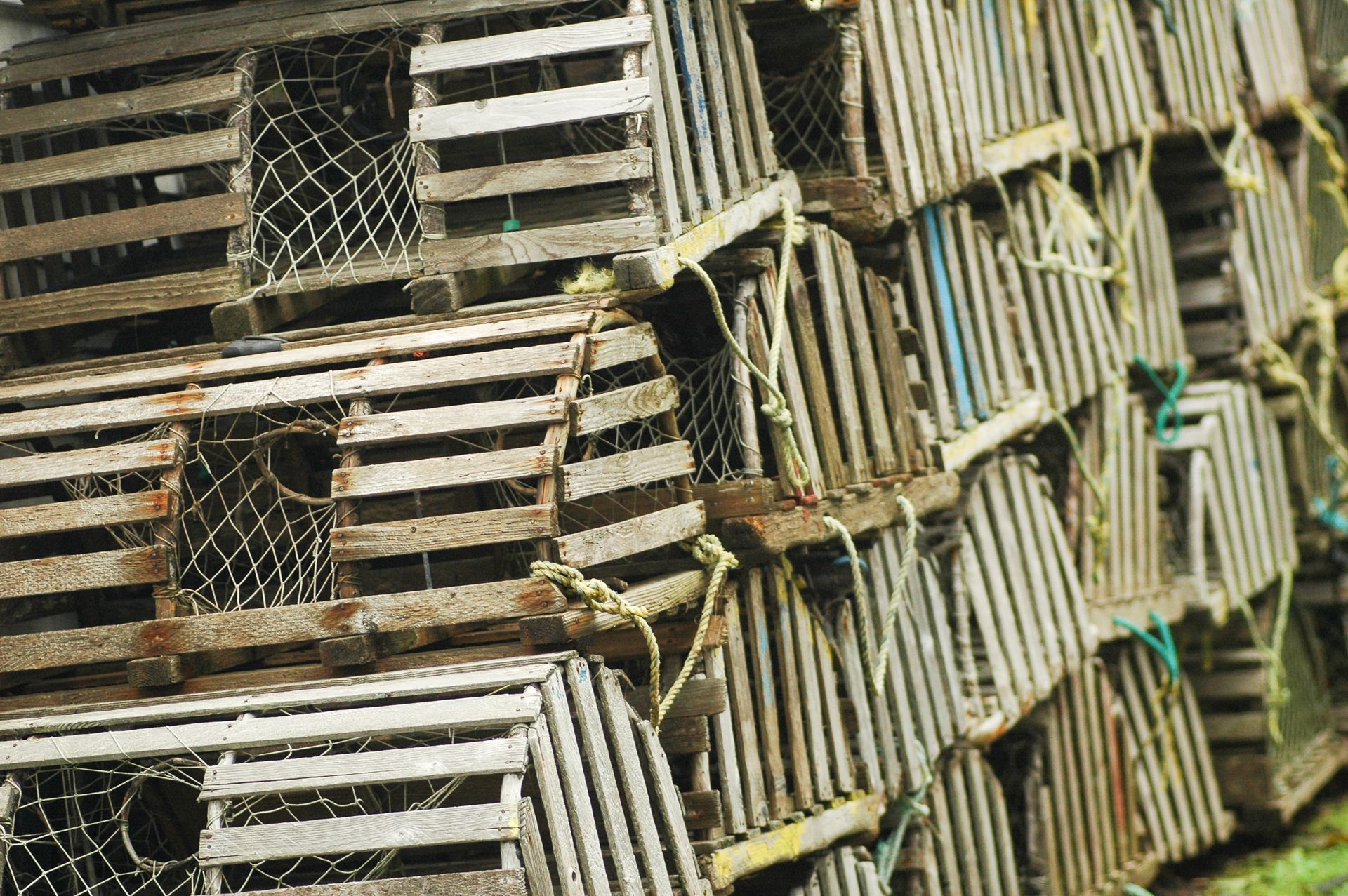 Stacked wooden lobster traps.