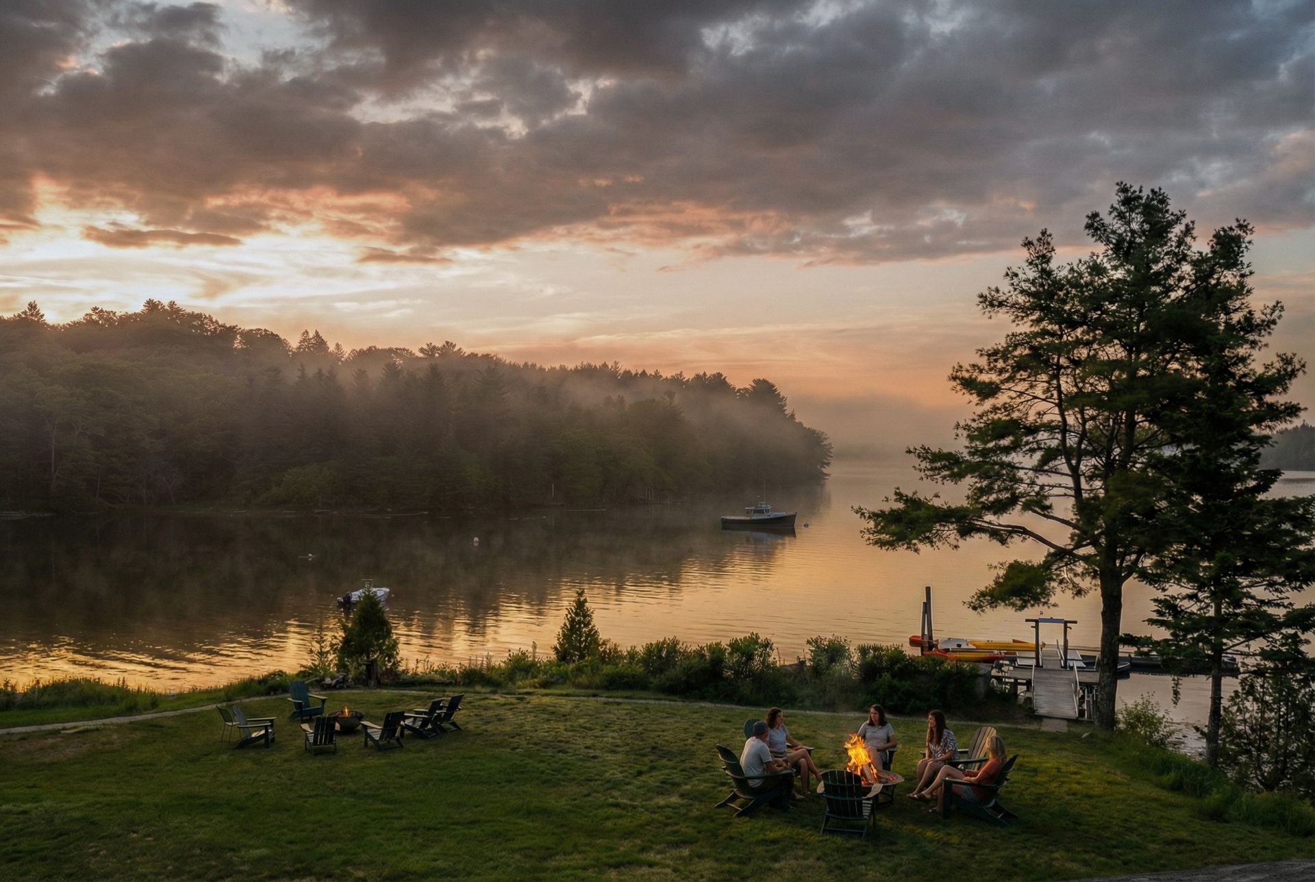 People gathered around a campfire near a lake at dusk, with trees and a boat in the background.