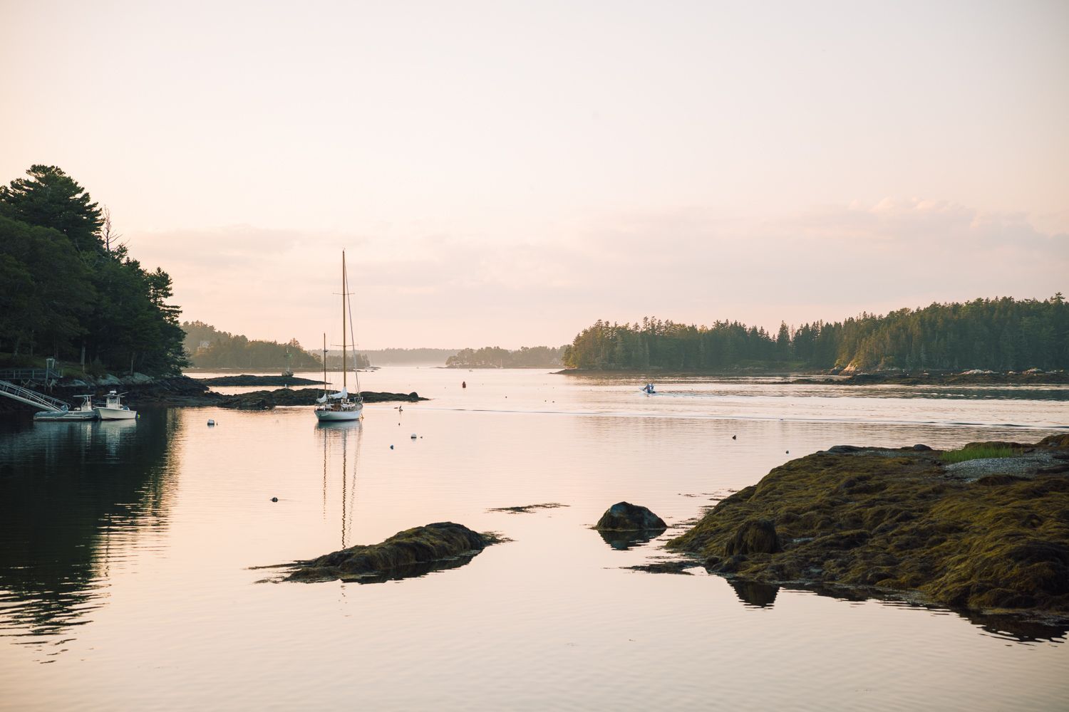 Calm water bay with docked sailboats and wooded shoreline at dusk.