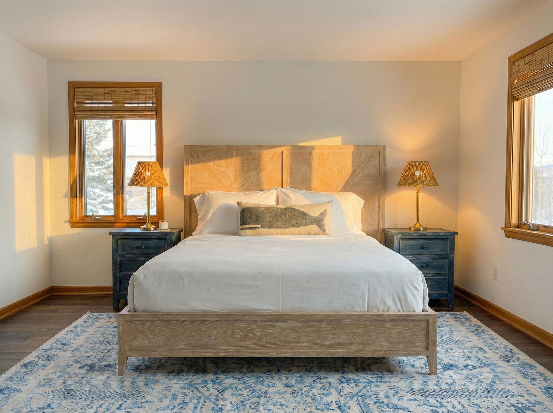 Bedroom with bed, blue nightstands, area rug, and windows with woven blinds. Soft lighting.