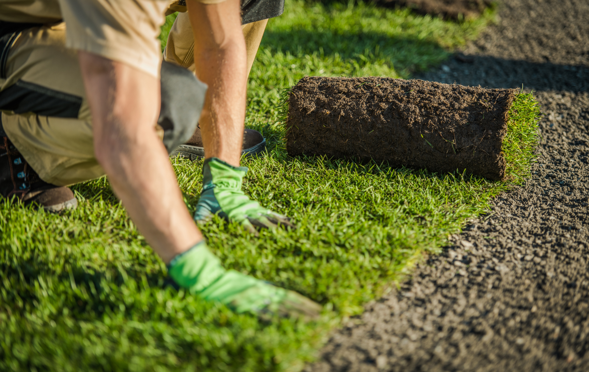 A man is kneeling down to roll out a roll of grass.