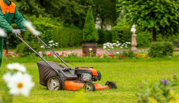 A man is mowing a lush green lawn with a lawn mower.