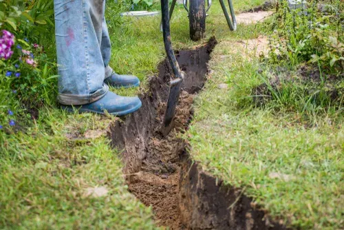 A person is digging a hole in the ground with a shovel.