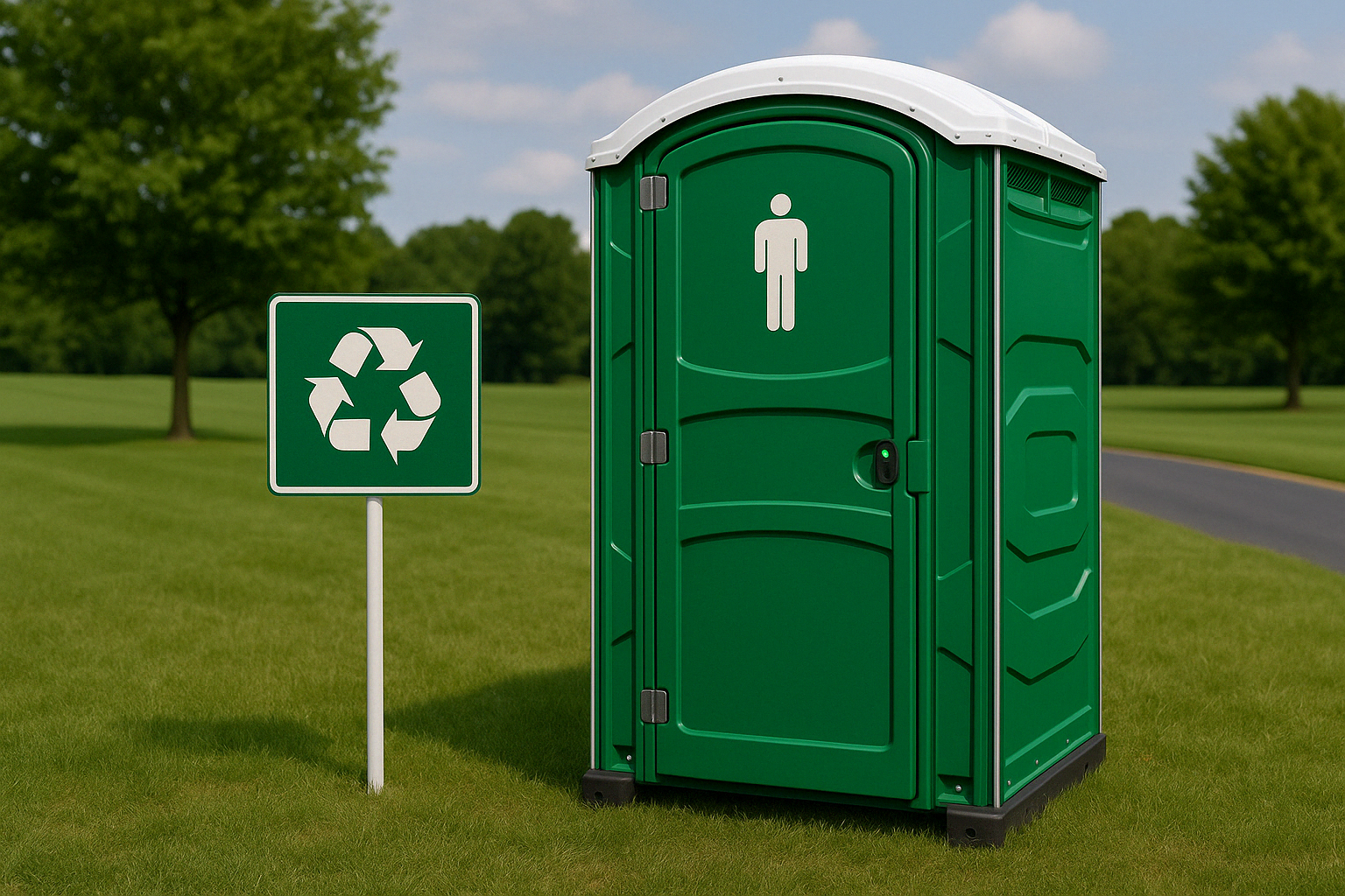Eco-friendly portable toilet in green on grass with recycling sign nearby.