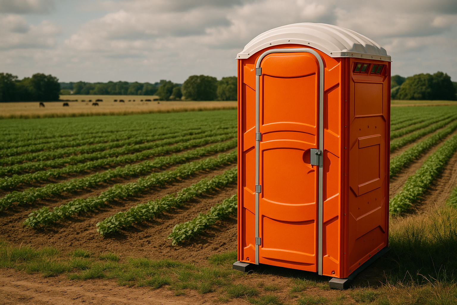 Orange porta potty beside crops on a Virginia farm under cloudy skies.