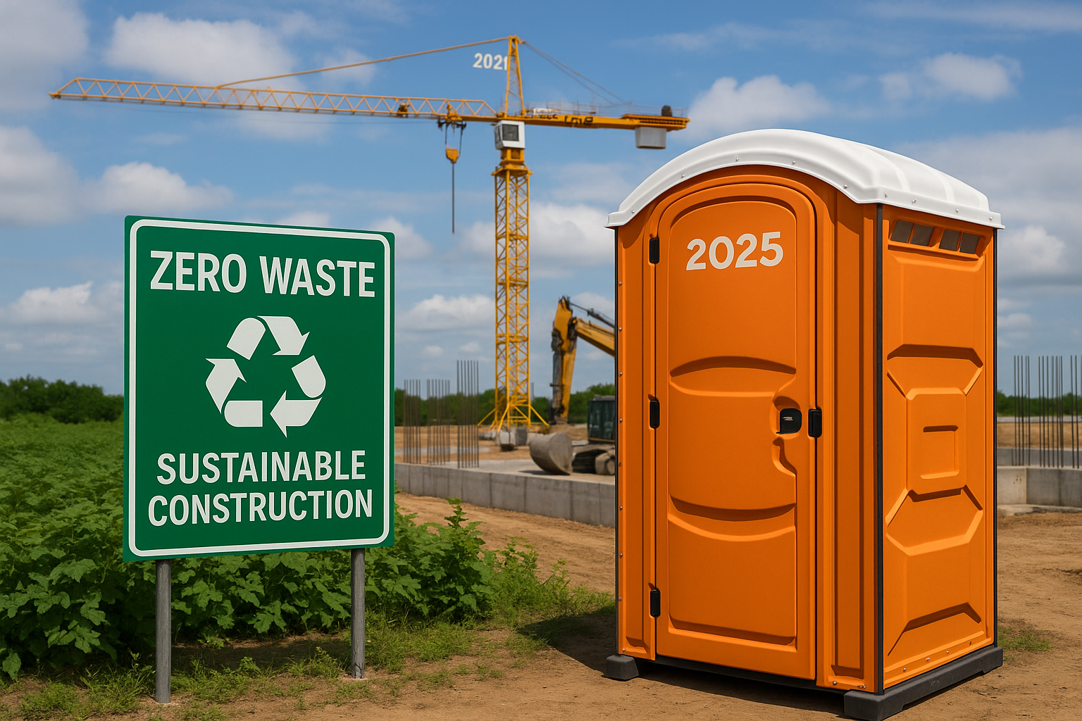 Orange portable toilet on a green construction site near a zero waste sign and yellow crane in 2025.