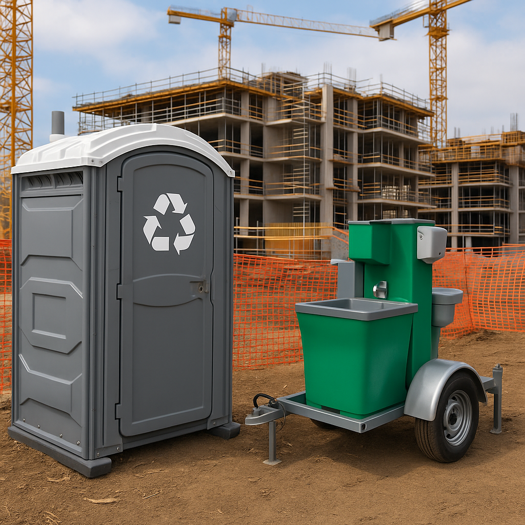 Eco-friendly portable toilets with solar panels at a clean, organized construction site in daylight.