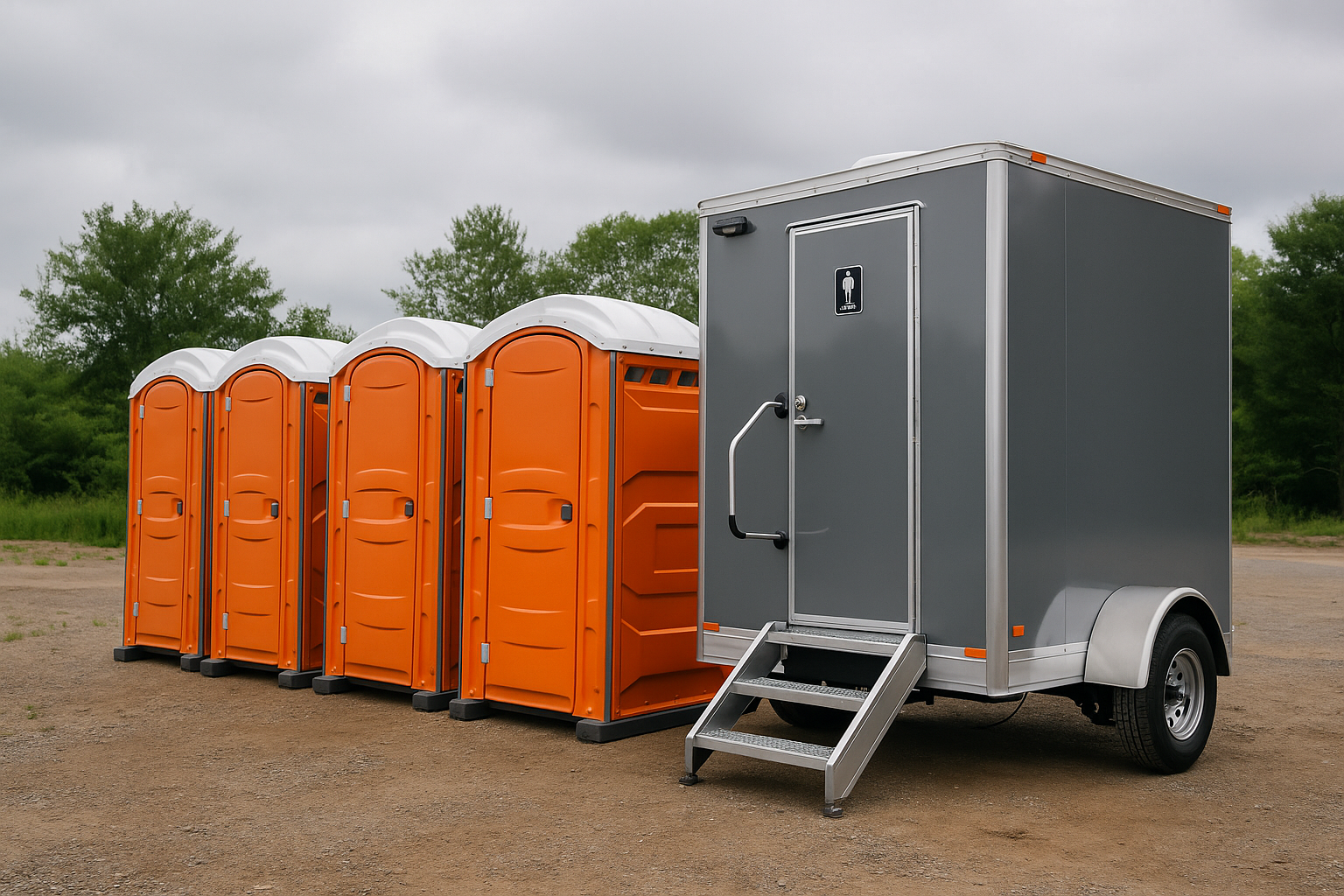 Two orange portable toilets stand ready on a cloudy day, staged for emergency response deployment.